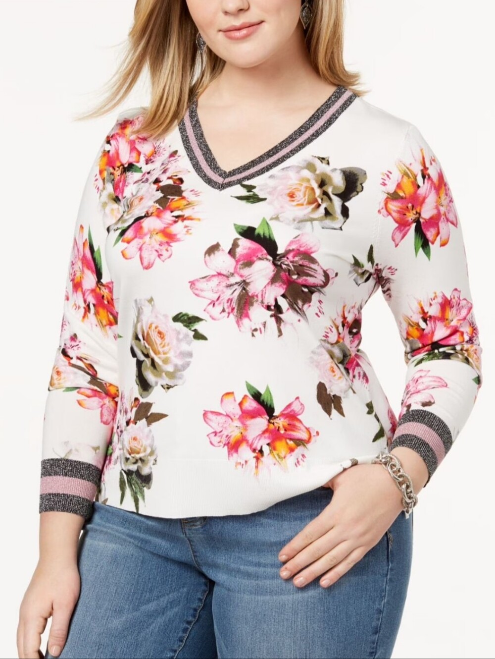 INC 1X International Concepts White Floral V-Neck Long Sleeve Top Sweater